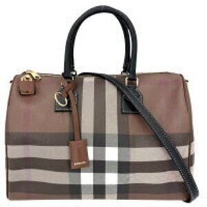 Burberry Check Bowling Bag Handbag Shoulder Crossbody Boston Leather Brown